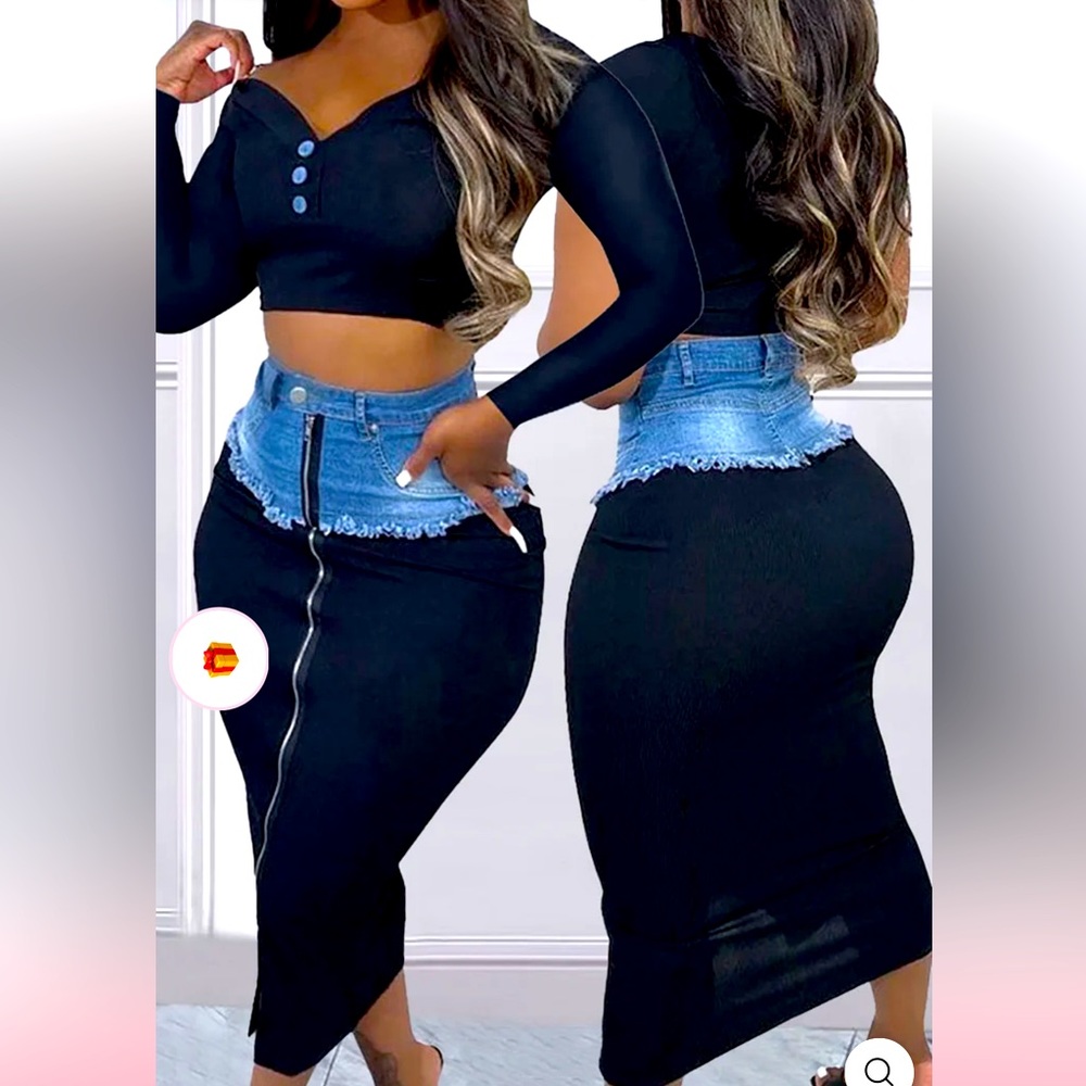 Very stretchy denim and black zip up midi skirt
